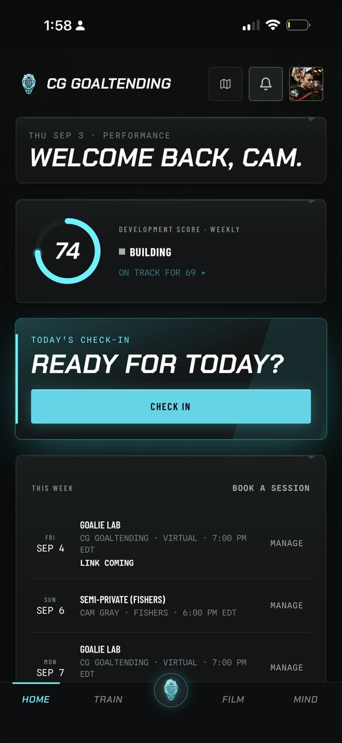 The CGG App's home screen: the greeting, the development score, and today's check-in.