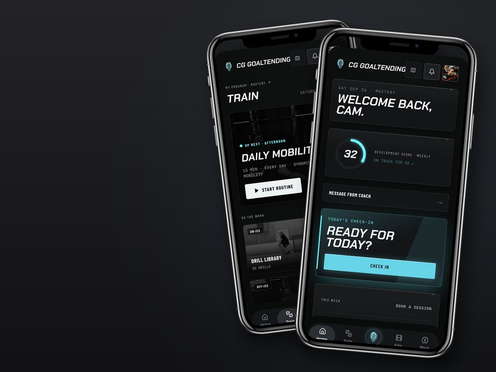 The CGG App on two phones: the Today screen with the Development Score and check-in, and the Train tab with today's routine and the drill library.