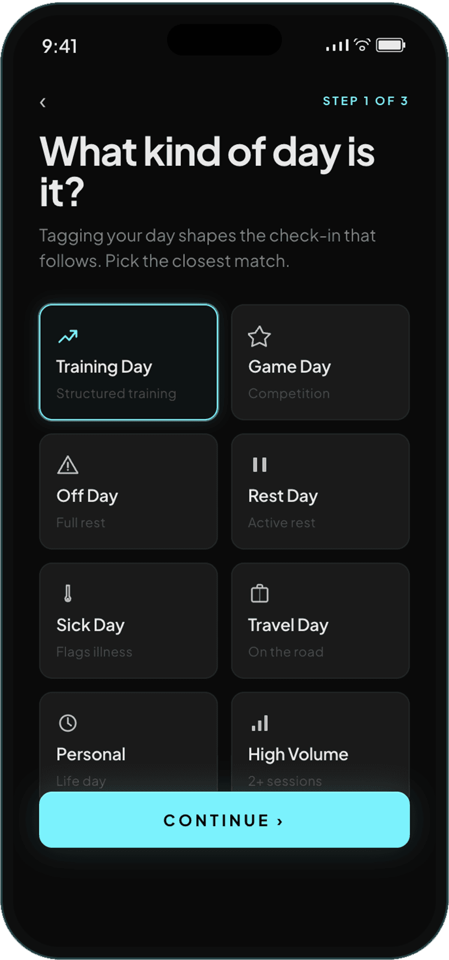 Morning check-in screen asking what kind of day it is, with options for training, game, off, rest, sick, travel.