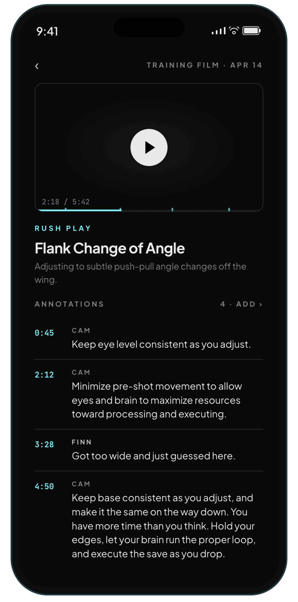 Film review screen showing a saved clip with timestamped Cam annotations and a teammate's note.
