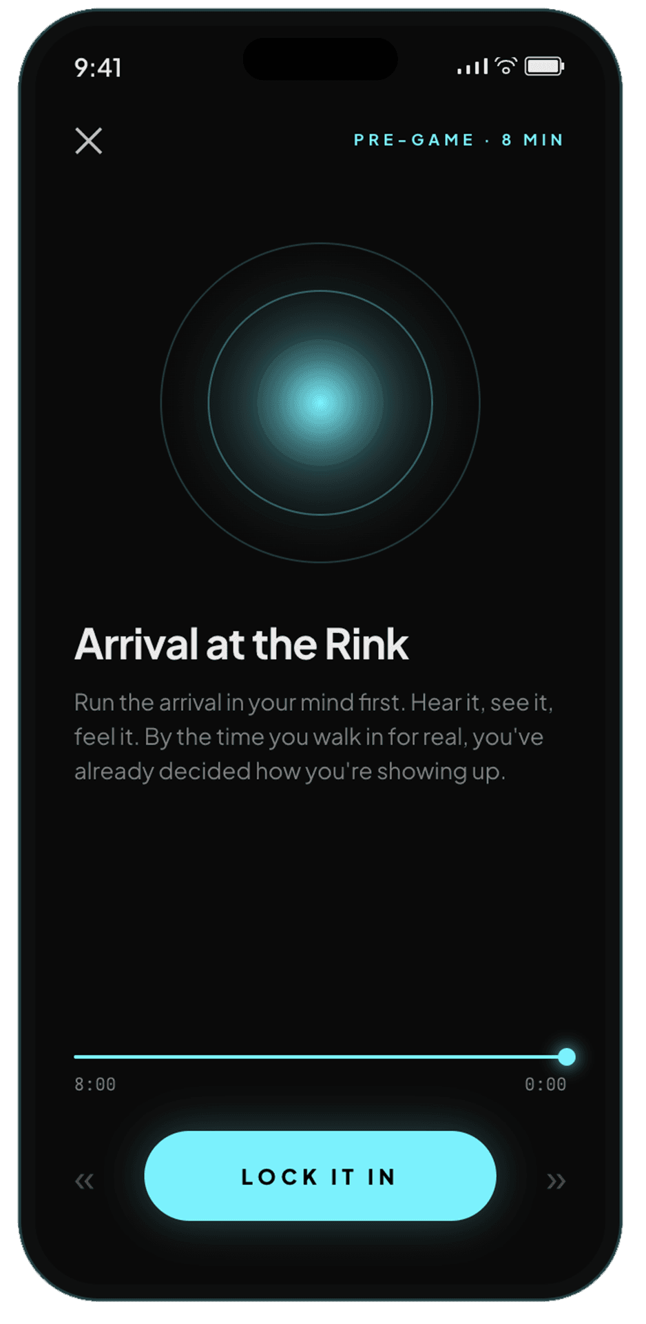 Mental reps player showing an 8-minute pre-game visualization with a glowing cyan breath orb.