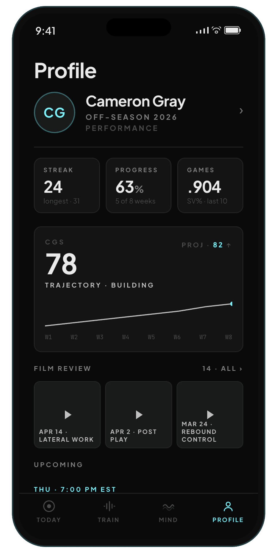 Profile screen showing CGS trajectory chart climbing across 8 weeks, plus streak and save percentage.
